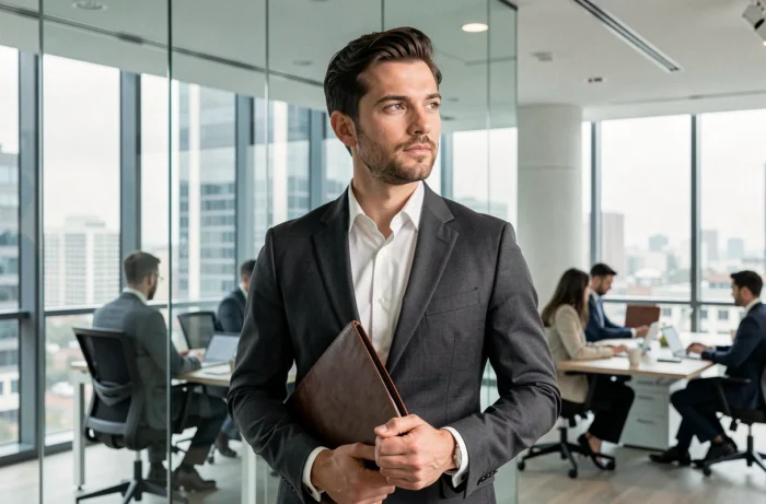 Homme d'affaires confiant en costume gris devant une salle de réunion moderne, illustrant l'ascension professionnelle d'Aaron Nouchy dans le monde des affaires