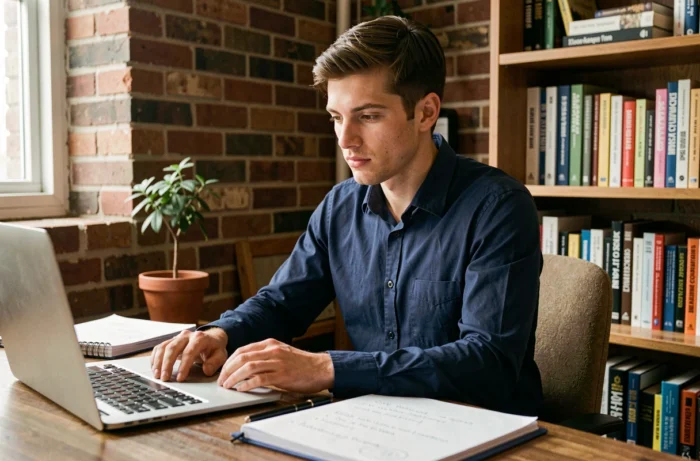 Jeune professionnel concentré à son bureau lors de ses débuts de carrière, symbolisant la détermination et le travail acharné d'Aaron Nouchy