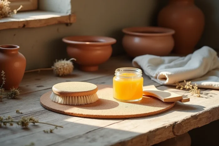 Accessoires naturels pour l'entretien du liège disposés en flat lay : cire d'abeille, brosse, linge et feuille de liège brut sur table en chêne
