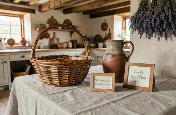Panier en osier local tissé à la main et pichet en grès artisanal avec carton d'origine du producteur sur nappe en lin brut