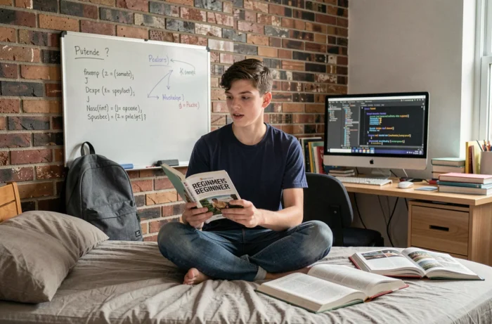 Adolescent apprenant à coder en lisant un livre de programmation dans une chambre d'étudiant