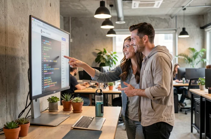 Deux adultes collaborant devant un écran affichant un tutoriel HTML et CSS dans un espace de coworking moderne