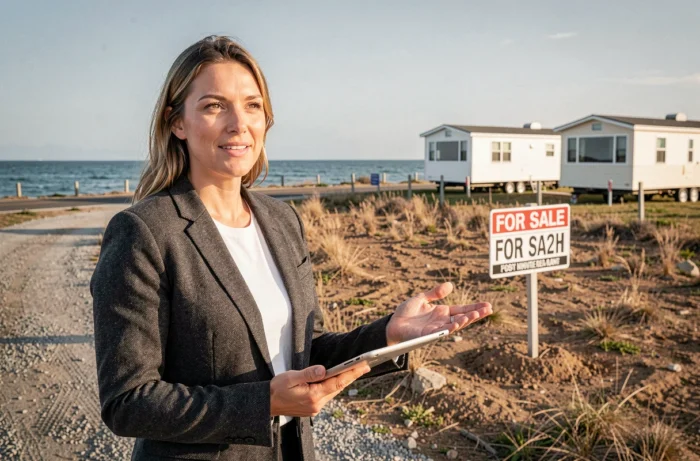 Agent immobilier présentant un terrain à vendre en bord de mer avec panneau de vente et mobil-homes en arrière-plan