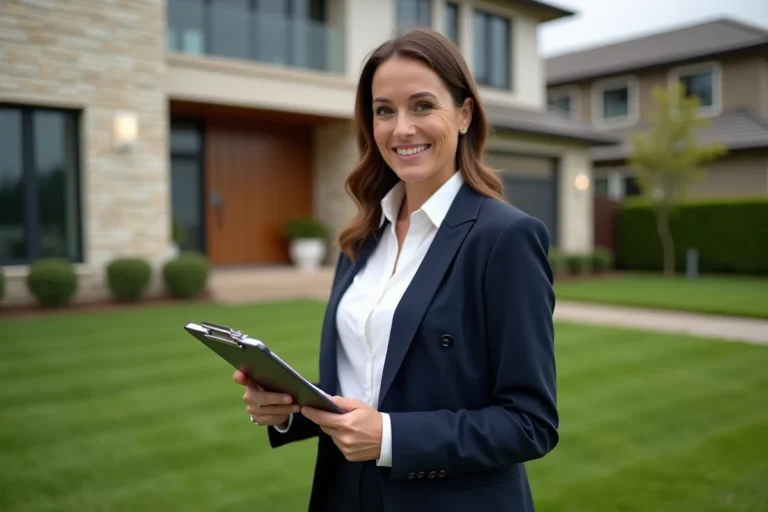 Agente immobilière devant une maison moderne lors d'une visite professionnelle