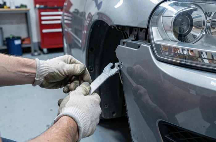 Gros plan sur le démontage d'une agrafe de pare-chocs avant Golf 6 avec un outil de démontage en plastique