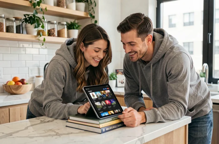 Deux amis regardant ensemble le catalogue d'une plateforme de streaming sur une tablette dans une cuisine moderne
