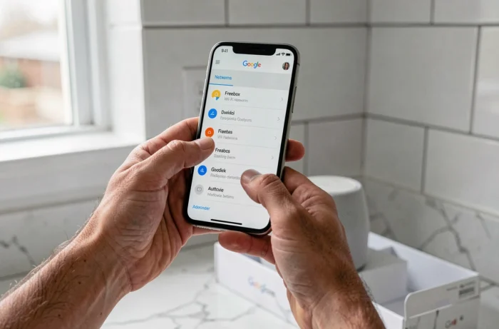 Mains configurant l'application Google Home sur smartphone avec réseau Freebox visible à l'écran