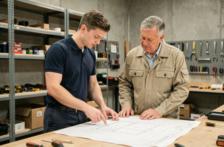 Jeune apprenti en alternance examinant un plan technique avec son mentor dans un atelier professionnel moderne