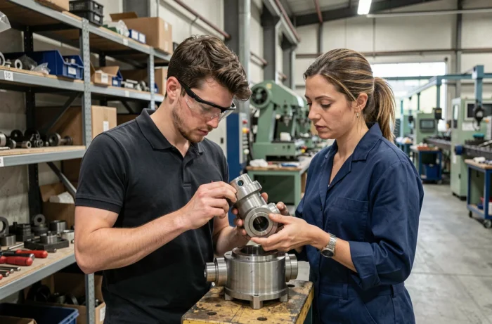 Un apprenti technicien industriel supervisé par sa formatrice lors d'une période d'essai en atelier de production