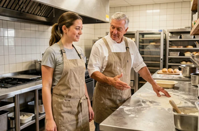 Une apprentie boulangère en formation pratique aux côtés de son maître d'apprentissage dans une boulangerie professionnelle