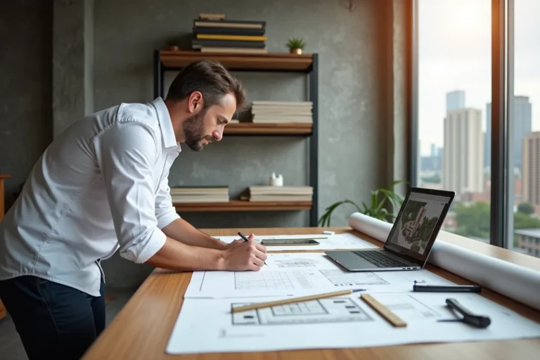 Architecte professionnel sélectionnant ses équipements sur une table à dessin avec plans et outils de précision dans un studio moderne