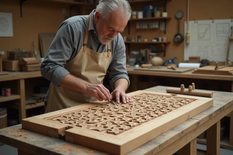 Artisan en train de sculpter un moucharabieh en bois avec des motifs géométriques dans un atelier de menuiserie