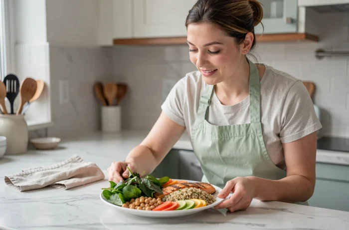 Femme composant une assiette colorée riche en fibres et en protéines avec légumes, légumineuses et saumon