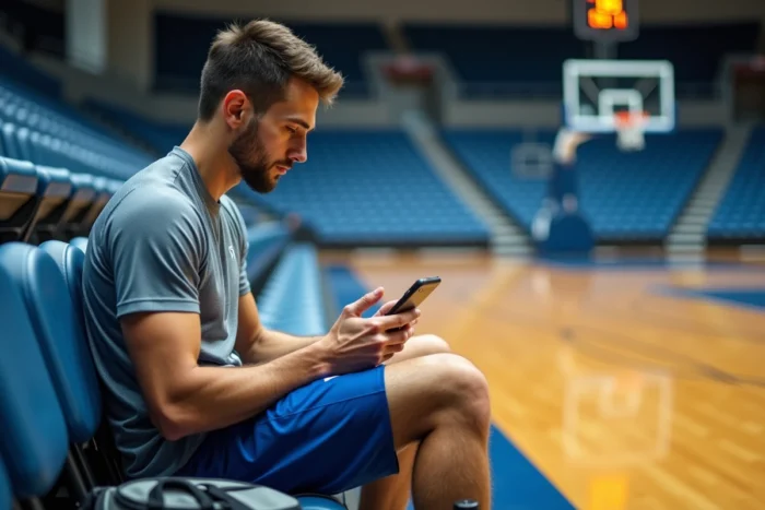 Athlète masculin lisant les dernières actualités sportives sur son smartphone pendant une pause à l'entraînement dans une salle de sport