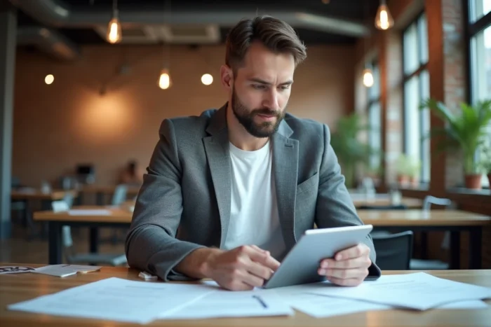 Auto-entrepreneur consultant analysant sa stratégie de développement dans un espace de coworking