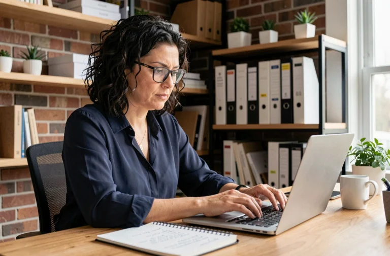 Auto-entrepreneuse concentrée travaillant sur son ordinateur portable dans un bureau à domicile moderne avec des documents et un carnet de notes