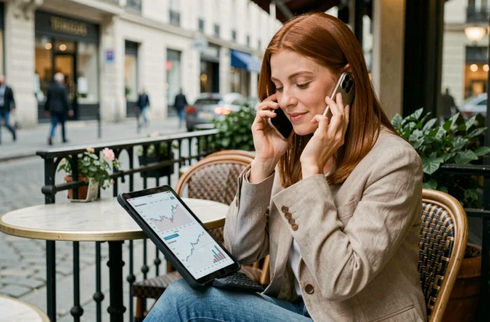 Jeune auto-entrepreneuse gérant son activité par téléphone avec une tablette sur une terrasse de café parisien