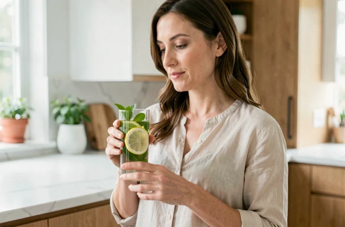 Femme tenant un verre d'eau citronnée avec menthe pendant le jeûne intermittent dans une cuisine moderne