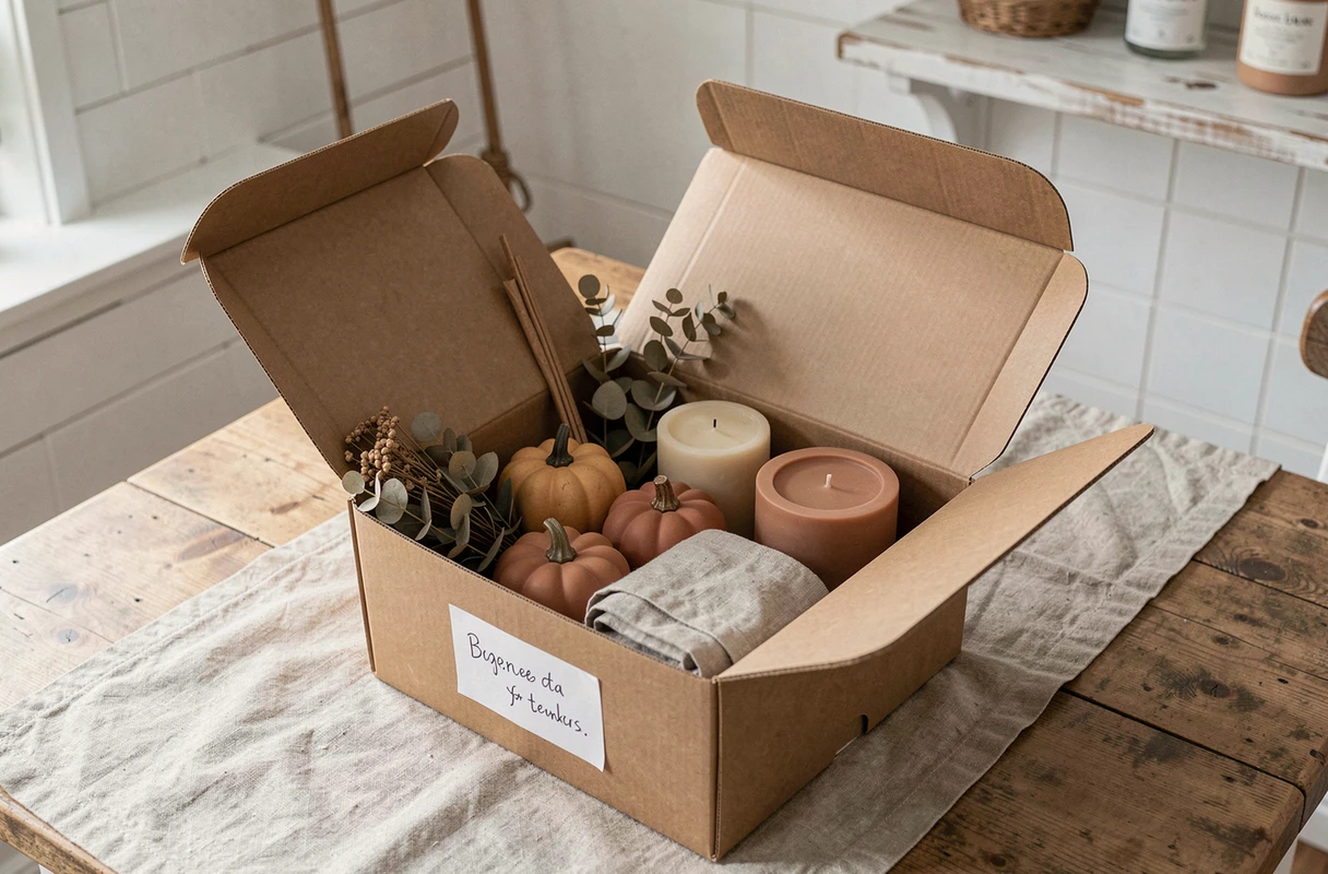 Boîte déco saisonnière ouverte avec petits objets décoratifs d'automne organisés prêts à être intégrés dans l'intérieur