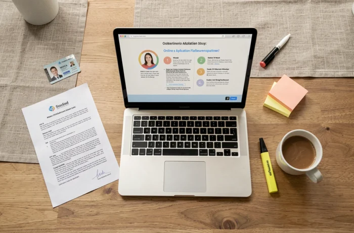 Vue aérienne d'un bureau étudiant avec ordinateur portable ouvert sur le guide ecandidat et documents de candidature
