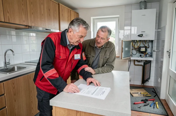 Chauffagiste certifié expliquant le rapport d'entretien de chaudière à un propriétaire dans une maison de ville à Bruxelles