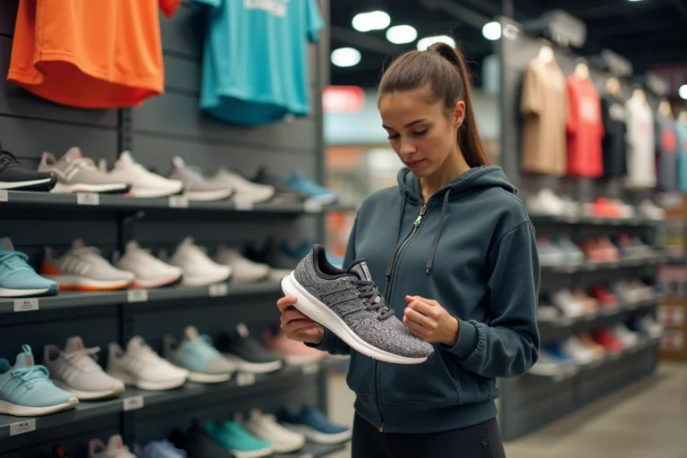 Femme choisissant des chaussures de running dans un magasin de sport bien équipé
