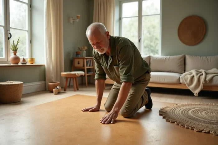 Artisan appliquant de la cire d'abeille sur un parquet en liège pour préserver l'éclat de l'or végétal dans un intérieur scandinave