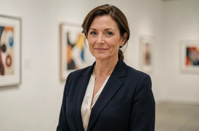 Femme élégante et discrète dans une galerie d'art contemporaine, évoquant le profil de Claire-Anne Callens, mère de Lance Stroll