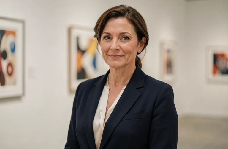 Femme élégante et discrète dans une galerie d'art contemporaine, évoquant le profil de Claire-Anne Callens, mère de Lance Stroll
