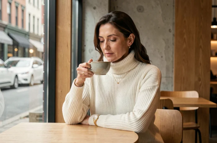 Femme posée et élégante attablée dans un café urbain minimaliste, portrait intimiste rappelant la discrétion de Claire-Anne Callens