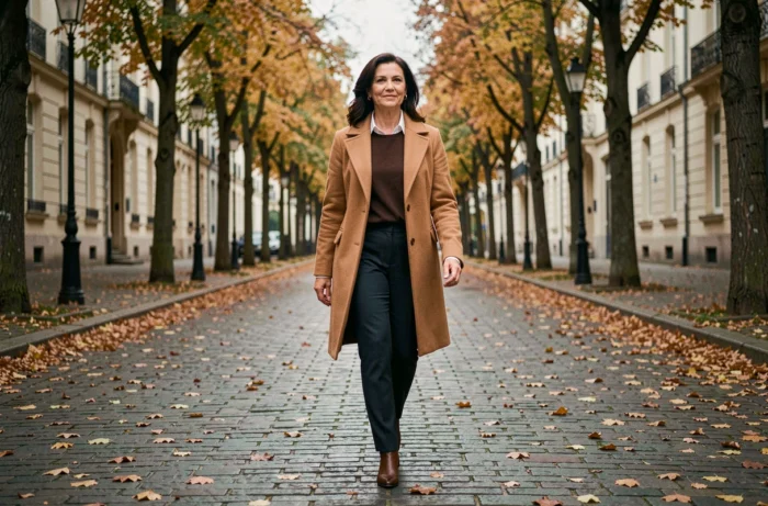 Femme sophistiquée marchant sur une avenue européenne en automne, portrait discret inspiré du style de Claire-Anne Callens