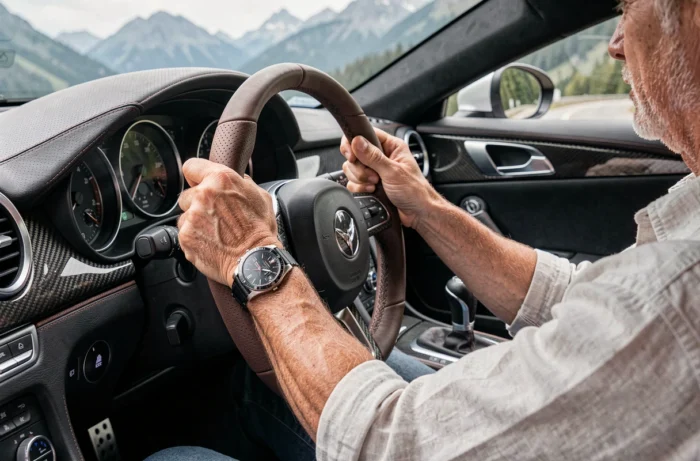 Intérieur cockpit d'une voiture de sport haut de gamme avec conducteur passionné tenant le volant sur une route de montagne