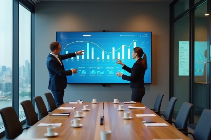 Deux professionnels collaborant sur un écran tactile interactif lors d'une réunion technologique en 2024