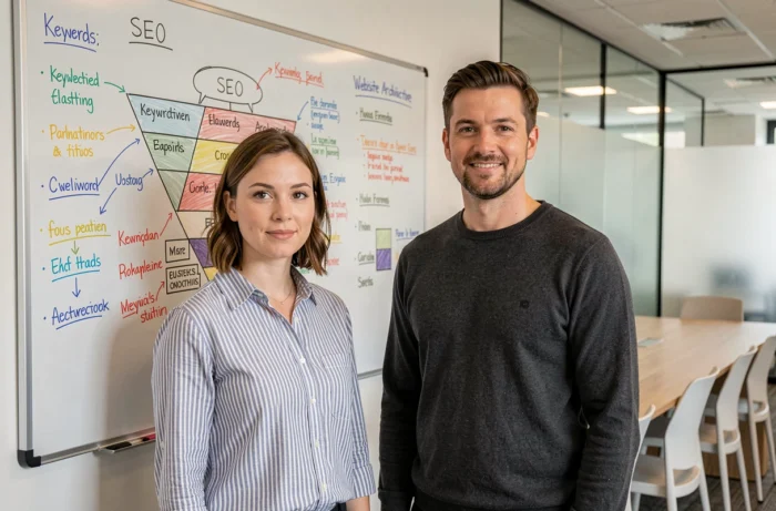 Deux collègues discutant d'une stratégie de référencement devant un tableau blanc avec un diagramme SEO dans une salle de réunion d'agence
