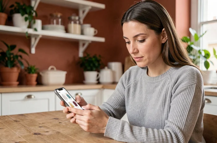 Femme commandant des vêtements La Poste sur smartphone dans une cuisine moderne