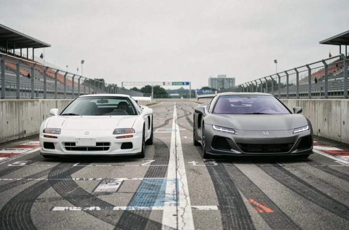 Comparaison côte à côte de la Honda NSX originale de 1991 et de la NSX moderne de 2017 sur une voie des stands de circuit, illustrant l'évolution du design entre les deux générations
