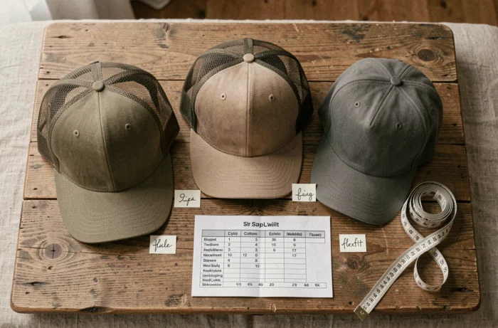 Comparaison de trois types de casquettes avec tableau des tailles et mètre ruban pour choisir la bonne taille
