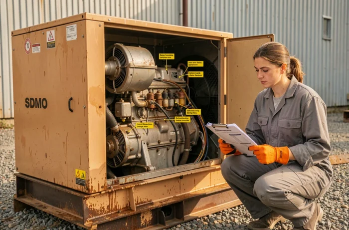 Vue intérieure d'un groupe électrogène SDMO ouvert avec composants identifiés lors d'une maintenance
