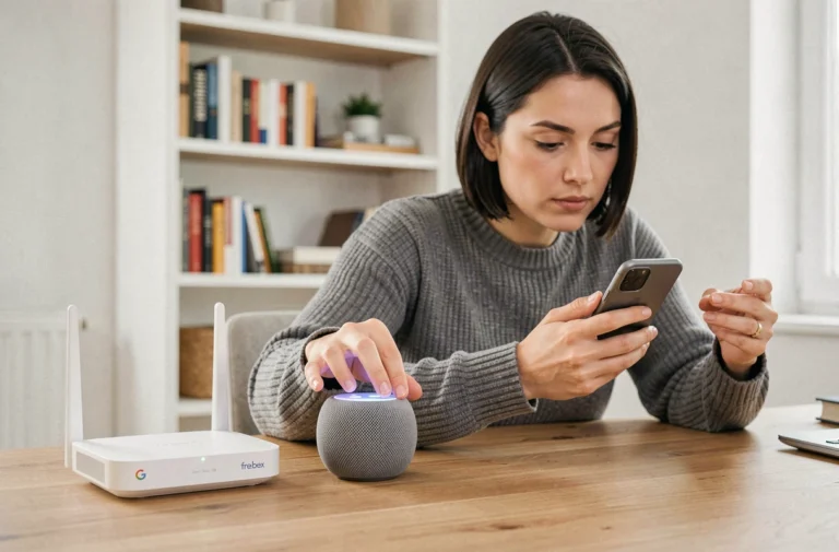 Femme connectant un Google Home à une Freebox sur un bureau moderne avec smartphone en main