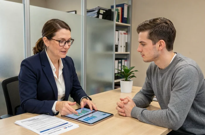 Conseillère bancaire présentant une offre de prêt immobilier à un client dans un bureau professionnel