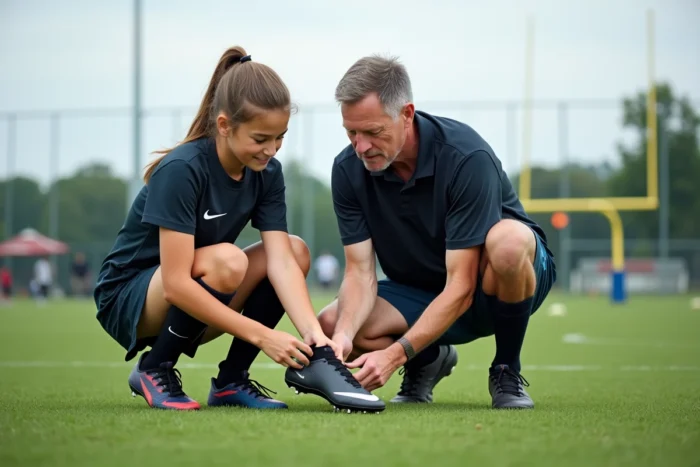 Jeune sportive et entraîneur examinant des crampons de football sur un terrain d'entraînement