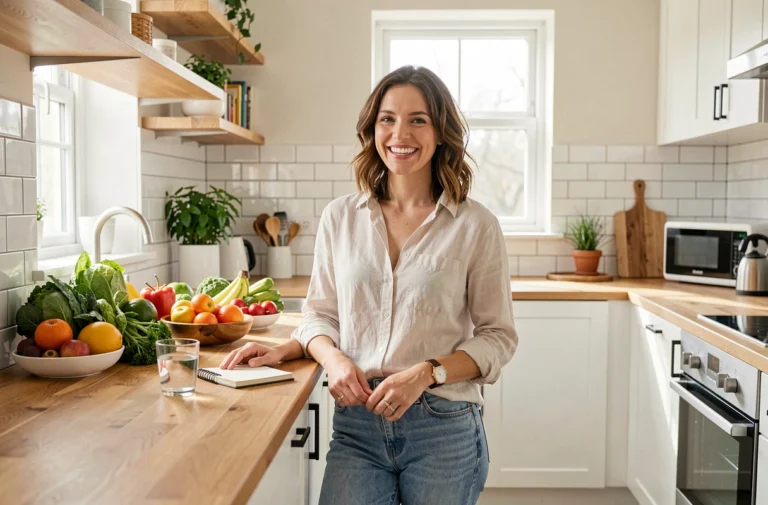 Femme souriante dans une cuisine moderne entourée d'aliments sains, symbolisant une approche équilibrée et sans frustration de la perte de poids