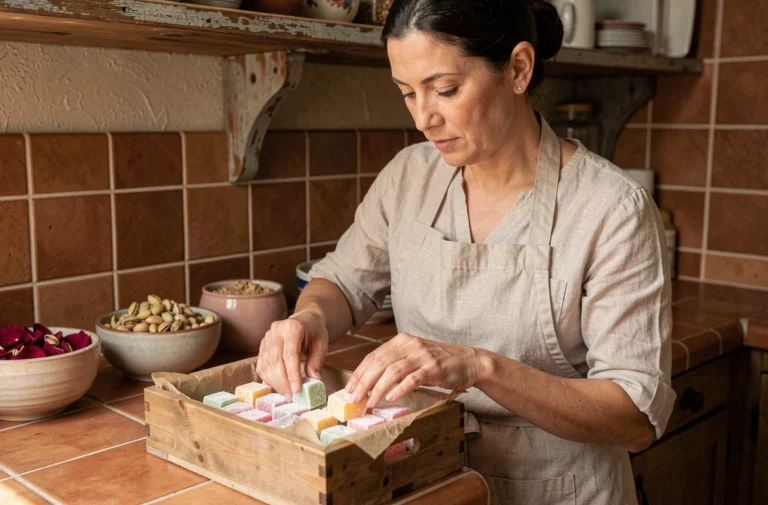 Femme arrangeant soigneusement des loukoums colorés dans une boîte en bois tapissée de papier parchemin dans une cuisine rustique