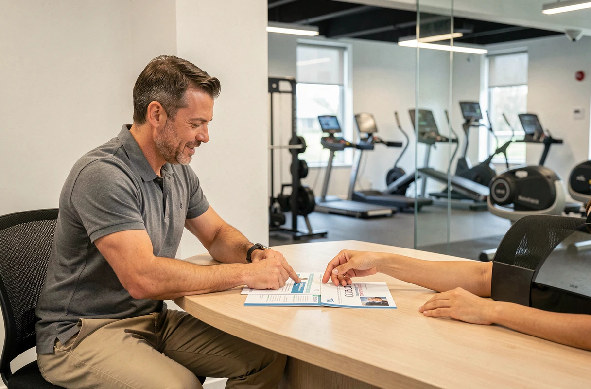 Homme discutant d'un abonnement de salle de sport avec un conseiller dans un bureau d'accueil moderne