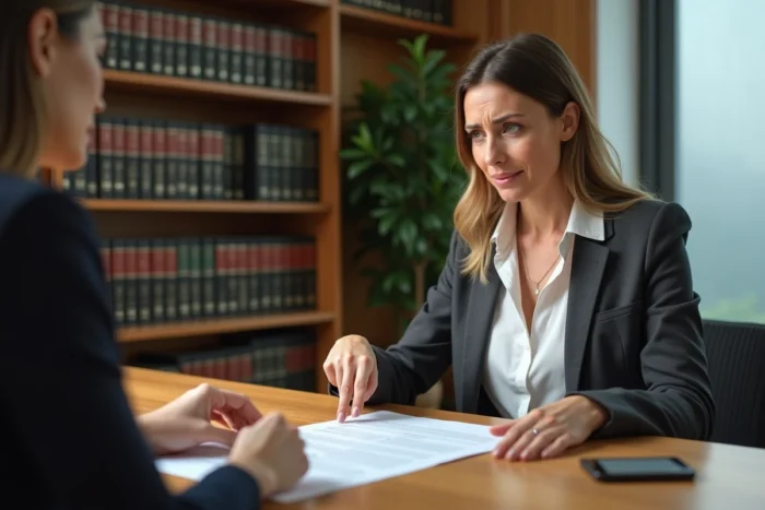 Femme consultant une avocate autour d'un document juridique dans un cabinet, dans le contexte d'une violation de mesure d'éloignement
