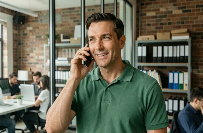 Homme en polo vert passant un appel téléphonique pour contacter une équipe de projet dans un espace de co-working