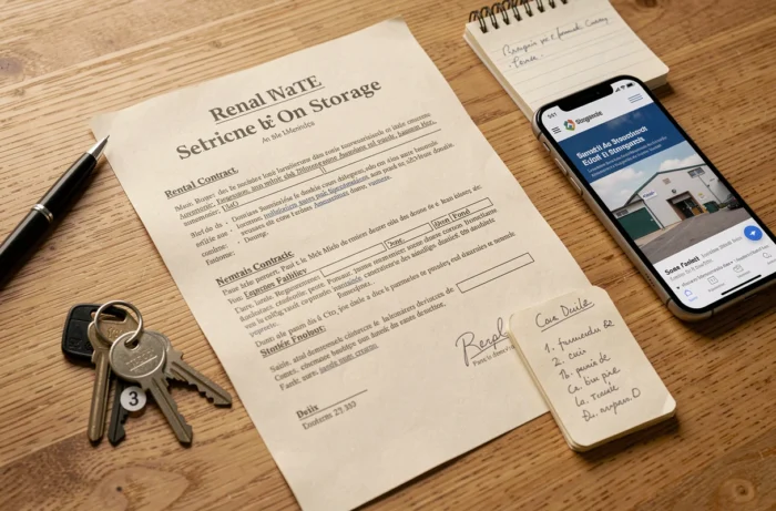Contrat de location de box de stockage avec clés et notes de tarifs posés sur un bureau en bois