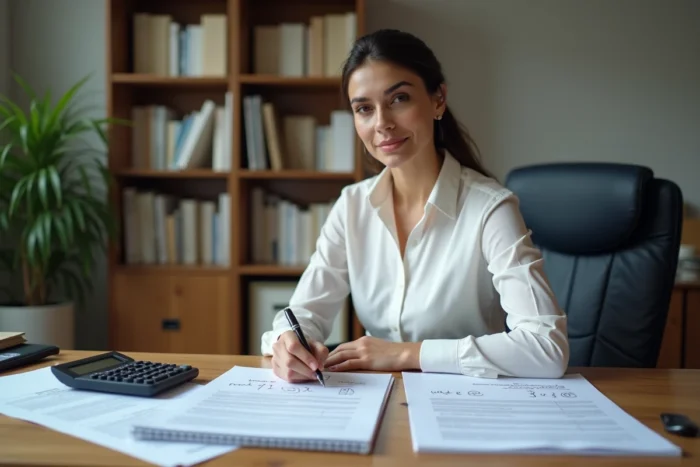 Femme consultante immobilière calculant la conversion d'hectares en mètres carrés dans un bureau
