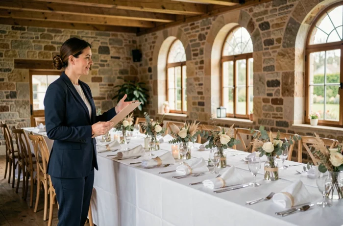 Coordinatrice de mariage supervisant la décoration d'une salle de réception élégante pour un grand jour réussi