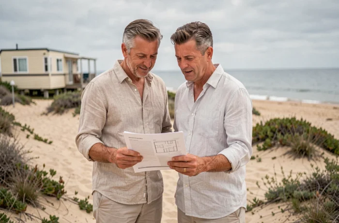 Couple consultant des documents immobiliers sur un terrain en bord de mer avec mobil-home en arrière-plan